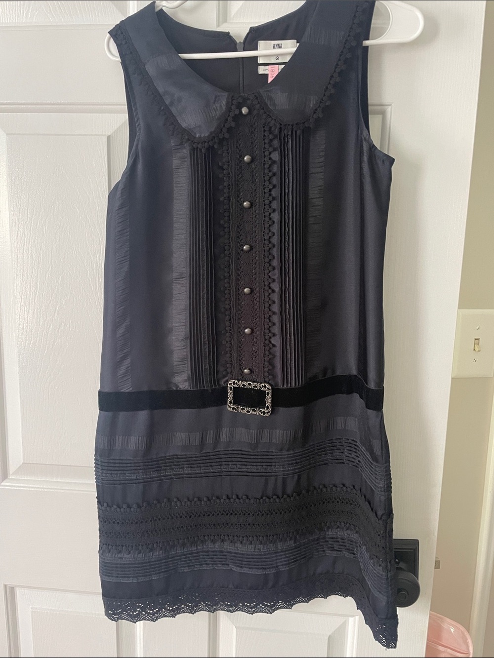 Anna Sui Black Sleeveless Lace & Pleat Mini Dress